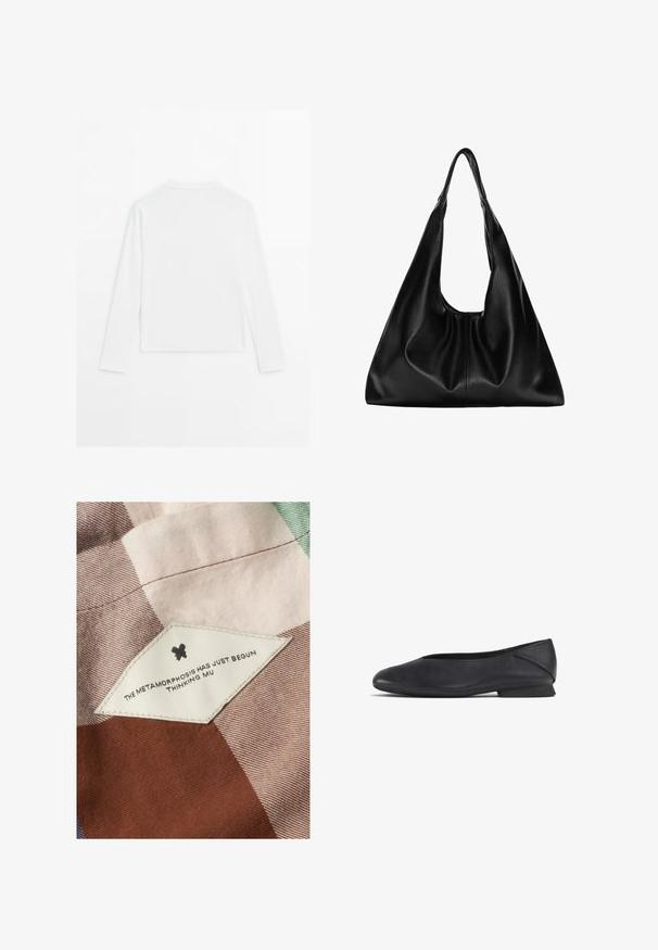 Chemise blanche à manches longues, col rond, vue de dos, posée à plat sur un fond blanc.; Thinking Mu MANOLITA - Pantalon classique - burgundy; Chaussure plate en cuir noir avec un bout rond et un petit talon, conçue pour une utilisation décontractée ou formelle.; Sac hobo en cuir noir au forme douce et arrondie. Il présente une large poignée supérieure et des fronces à la base pour une texture décontractée.