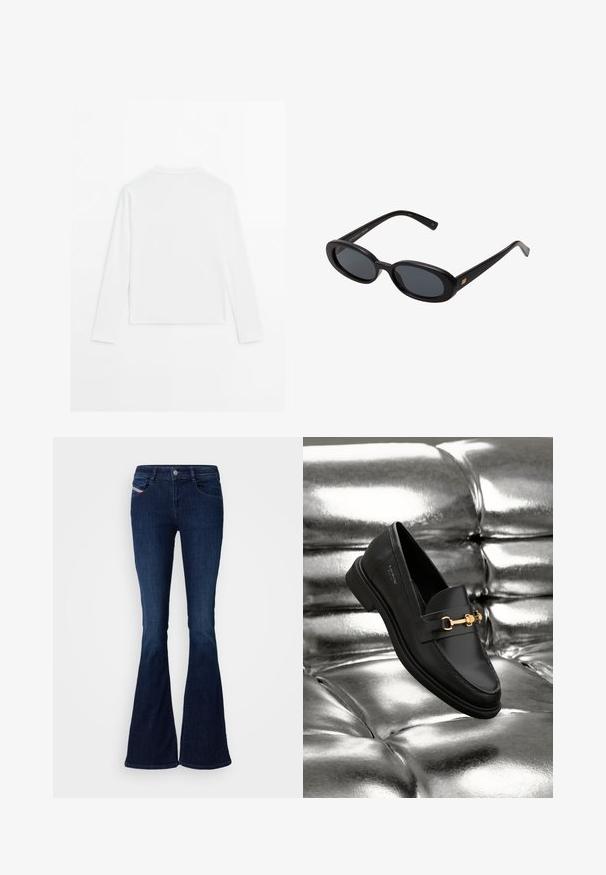 Plain white long-sleeve shirt, crew neck, shown from the back, laid flat on a white background.; Dark blue flared jeans with a smooth denim texture, featuring front pockets, a button closure, and a subtle brand tag on the side.; Black leather loafer with a gold-tone hardware detail. The shoe features a sleek design and a smooth, shiny texture.; Black oversized sunglasses with oval lenses, smooth plastic frame, and gold accents on temple. Dark lenses provide sun protection.