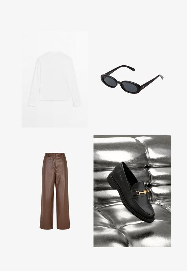 Chemise blanche à manches longues, col rond, vue de dos, posée à plat sur un fond blanc.; Pantalons larges en simili cuir marron avec une texture lisse, des passants de ceinture et un pli avant au niveau de la taille.; Mocassin en cuir noir avec un détail en métal doré. La chaussure présente un design épuré et une texture lisse et brillante.; Lunettes de soleil noires surdimensionnées avec des verres ovoïdes, monture en plastique lisse et accents dorés sur les tempes. Les verres sombres offrent une protection contre le soleil.
