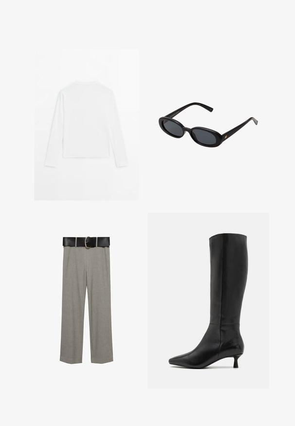 En enkel vit långärmad skjorta med rund hals, visad bakifrån, liggande platt på en vit bakgrund.; Grå skräddarsydda byxor i slätt tyg, med en vid bendesign och ett svart bälte med en silverfärgad rund spänne.; Zign Stövel - black; Svarta överdimensionerade solglasögon med ovala linser, slät plastbåge och guldaccent på bågarna. Mörka linser ger solskydd.