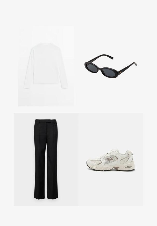 Hladká bílá dlouhá košile s dlouhým rukávem, kulatým výstřihem, zobrazená zezadu, ležící na bílém pozadí.; Černé kalhoty na míru se střihovými nohavicemi, které mají dvě přední kapsy, hladkou texturu látky a čisté linie.; Bílé běžecké boty z síťoviny se šedými akcenty, kulatou špičkou, šněrovacím designem, polstrovanou podrážkou a výrazným logem "N" po straně.; Černé oversized sluneční brýle s oválnými čočkami, hladkým plastovým rámem a zlatými akcenty na spáncích. Tmavé čočky poskytují ochranu před sluncem.; Pepe Jeans GRACEY - Kabelka - burgundy red