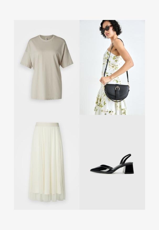 Beige t-paita, joka on valmistettu pehmeästä puuvillasta. Siinä on pyöreä kaula-aukko, lyhyet hihat ja rento istuvuus suoran helmansa kanssa.; Kohokoju midi-hame vaaleassa kermassa, jossa on leveä elastinen vyötärö; läpikuultava rakenne hienovaraisilla pystysuorilla raidoilla, virtaava muotoilu ja kerroksellinen viimeistely.; Mustat patentoitu nahkakengät, joissa on säären takaosa ja terävä kärki, sekä geometrinen palikkakorko. Sisältää tyylikkään, minimalistisen muotoilun ja sileän pinnan.; Musta nahkainen käsilaukku, joka on kaareva muotoilultaan, irrotettavalla hihnalla ja kultaisilla yksityiskohdilla. Laukussa on läppä, jossa on solk yksityiskohta.