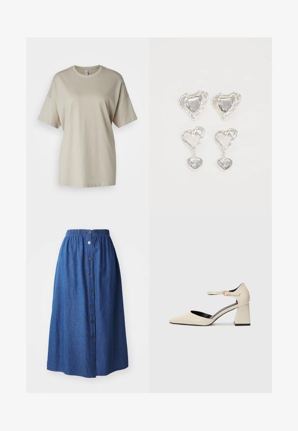 Tricou bej din bumbac moale, cu guler rotund, mâneci scurte și croială lejeră, cu tiv drept.; Fustă din denim cu talie elastică, material albastru, lungime completă, închidere cu buton frontal și textură subtilă. Fără modele sau accente vizibile.; Pantofi bej din piele ecologică cu toc bloc, vârf ascuțit, curea la gleznă și detalii subtile cu textura de crocodil. Culoare neagră la interior.; Cerceii în formă de inimă argintie sunt decorați cu pietre clare fațetate, având un cadru texturat. Setul include stiluri cu buton și cu pandantiv.