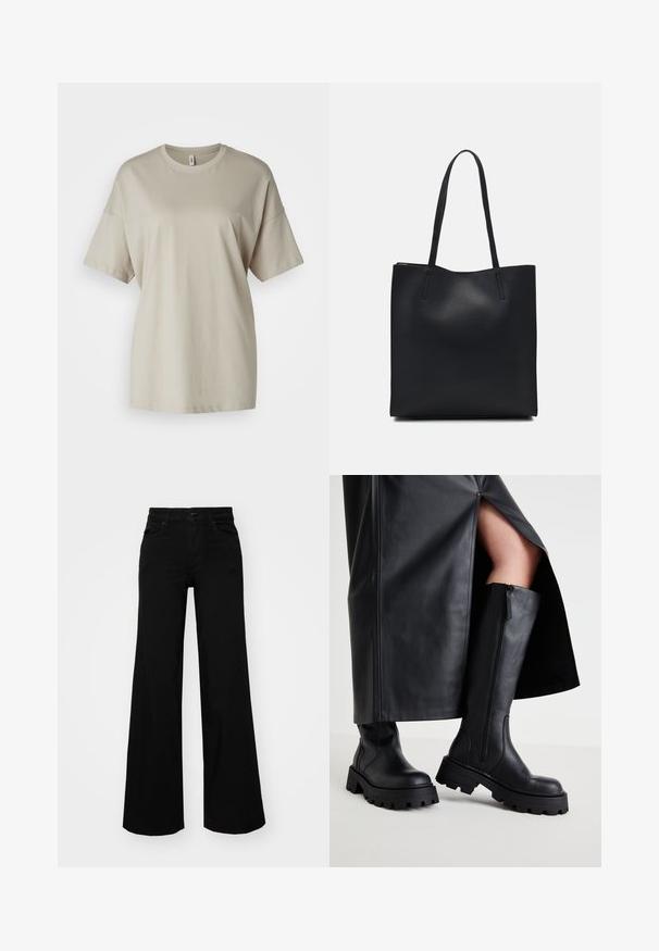 Bežs t-krekls, izgatavots no mīkstas kokvilnas, ar apaļu kakla izgriezumu, īsām piedurknēm un brīvu piegriezumu ar taisnu apakšu.; Melni plaša kāju bikses, izgatavotas no džinsa, ar strukturētu jostu, jostu cilpiņām un priekšējām kabatām. Gluda tekstūra ar klasisku dizainu.; Melni līdz ceļiem zābaki ar masīvu zoli, gludu ādas tekstūru, sānu rāvējslēdzēju un minimālistisku dizainu, apvienoti ar izgriezumu melnā svārku.; Melnas ādas somiņa ar gludu tekstūru, taisnstūra formu un divām garām rokturiem. Nav redzamu aparatūras vai rotājumu.