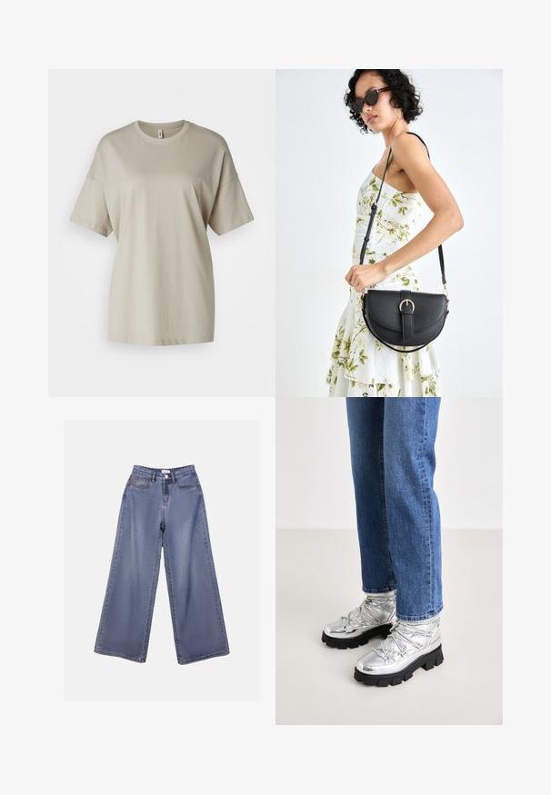 Beżowa koszulka wykonana z miękkiej bawełny, z okrągłym dekoltem, krótkimi rękawami i luźnym krojem z prostym dołem.; Jasnoniebieskie dżinsy o szerokich nogawkach z wysokim stanem, z kieszeniami z przodu oraz zapięciem na guziki i pętelkami na pasek.; Metaliczne srebrne botki sięgające kostki z wytrzymałą czarną podeszwą, z wyściełanym wierzchem i sznurowadłami, w połączeniu z niebieskimi jeansami o prostym kroju.; Czarna skórzana torebka o zakrzywionym kształcie, z odpinanym paskiem i złotymi akcentami. Torebka posiada klapę z zapięciem w kształcie klamry.