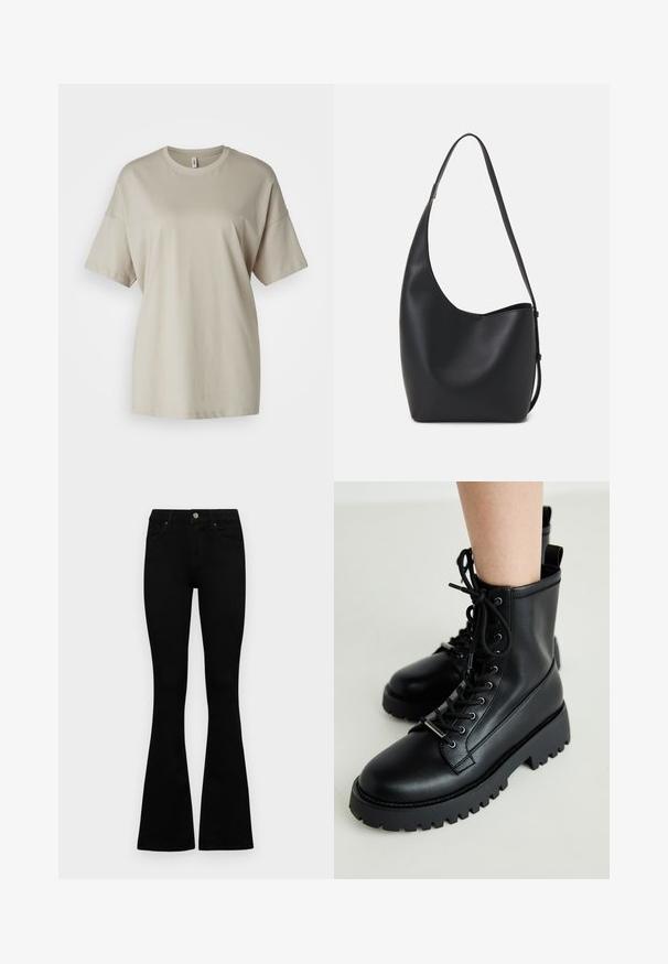 Beige tričko vyrobené z měkké bavlny, s kulatým výstřihem, krátkými rukávy a volným střihem se rovnými okraji.; Černé vysoké džíny s knoflíkem a zipovým zapínáním, předními kapsami a rozšířenými nohavicemi, ležící na bílé podložce.; Černé šněrovací kotníkové boty vyrobené z hladké kůže. Robustní gumová podešev s hlubokým vzorem. Obsahují smyčku na patě pro snadné obouvání.; Černá kožená hobo taška s hladkým povrchem, zakřiveným tvarem a jedním nastavitelným popruhem; má široké otevírání nahoře.