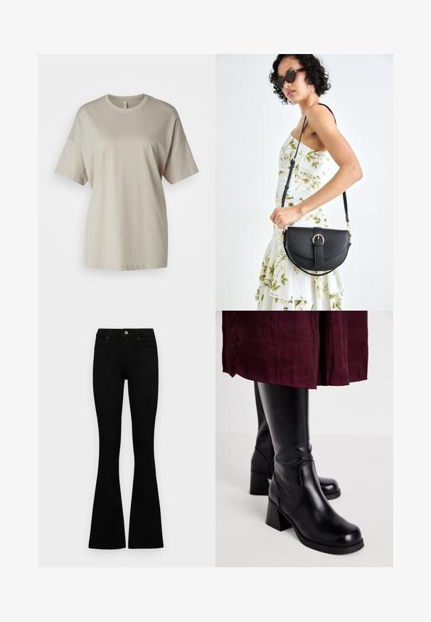 Šviesiai rudos spalvos marškinėliai, pagaminti iš minkštos medvilnės, su apvalia iškirpte, trumpomis rankovėmis ir laisvu siluetu bei tiesiu apvadu.; Juodos aukšto liemens džinsai su mygtuku ir užtrauktuku, priekinėmis kišenėmis ir platėjančiomis kojomis, išdėstyti ant baltos fono.; Juodos iki kelių įkaito batai su lygiu odiniu paviršiumi, stačiakampiais blokiniais kulnais ir šoninių siūlių detale, derinami su bordo spalvos sijonu.; Juodas odinis krepšys su išlenkta forma, nuimamu dirželiu ir auksiniais detalėmis. Krepšys turi kilpą su sagtimi.