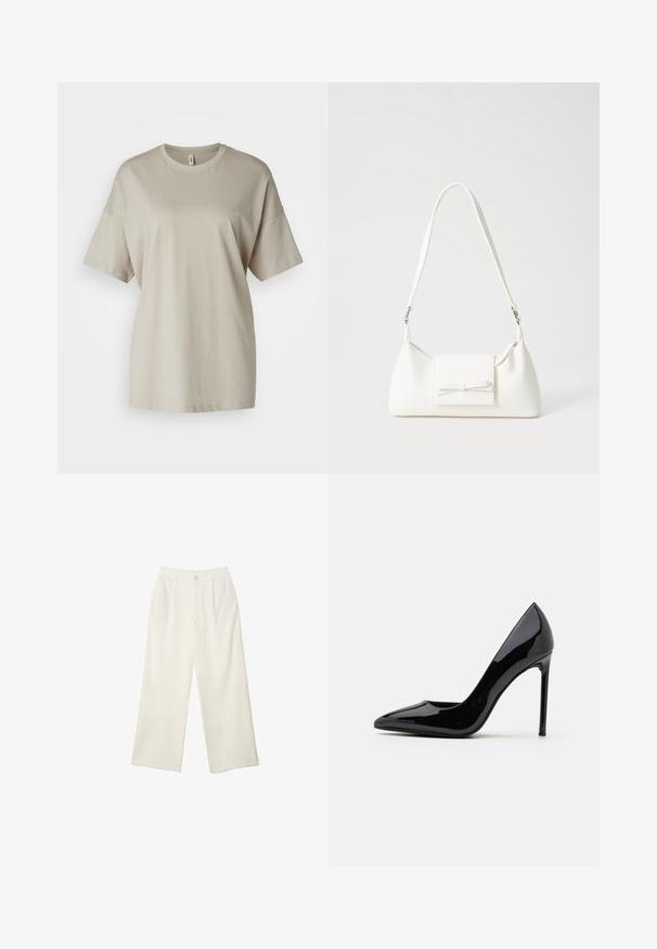 T-shirt beige en coton doux, avec un col rond, des manches courtes et une coupe décontractée avec un ourlet droit.; Pantalons à jambes larges en tissu crème avec une texture lisse, dotés d'un seul bouton à l'avant, de plis subtils et d'un design taille haute.; Call it Spring MESMERIZE - Escarpins - other black; Sac à main synthétique blanc en forme triangulaire, avec un rabat avant plat et un détail en nœud, une bandoulière ajustable, une texture lisse et un design minimaliste.
