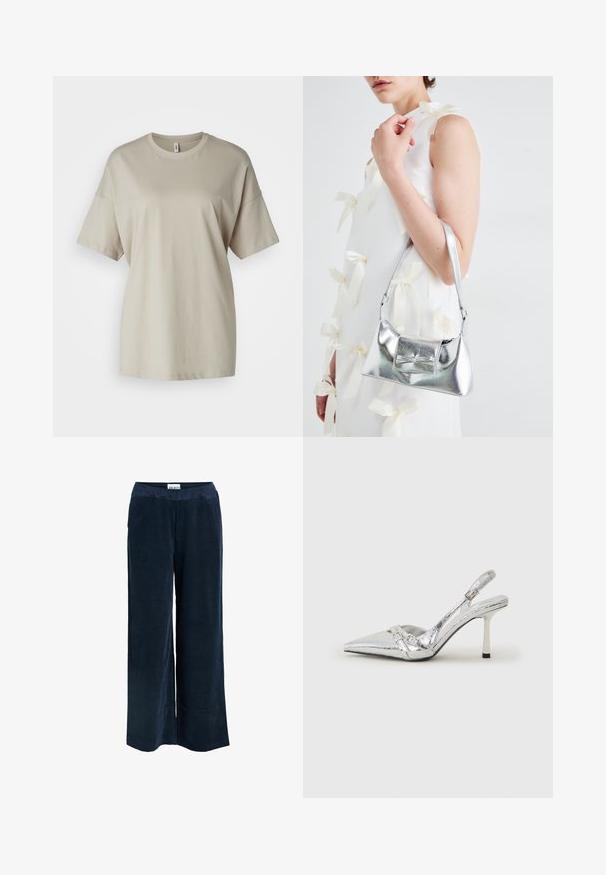 T-shirt beige en coton doux, avec un col rond, des manches courtes et une coupe décontractée avec un ourlet droit.; Pantalons large en velours côtelé texturé de couleur bleu marine, avec une taille élastique et des poches latérales.; Escarpin argenté à talon aigu, avec un bout pointu, une finition métallique, deux brides décoratives et un talon élancé avec un embout noir.; Sac à main métallisé argenté au design structuré, avec une poignée supérieure et un détail en nœud sur le devant. Texture lisse, fini réfléchissant.