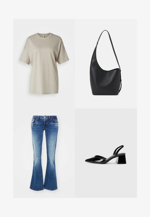 Beige t-shirt made of soft cotton, featuring a round neckline, short sleeves, and a relaxed fit with a straight hem.; Blue denim flared jeans featuring a mid-rise waist, two front pockets, and light fading for a textured appearance.; Black patent leather slingback heels with a pointed toe and a geometric block heel. Features a sleek, minimal design and smooth texture.; Black leather hobo bag with a smooth texture, curved shape, and single adjustable strap; features a wide opening at the top.
