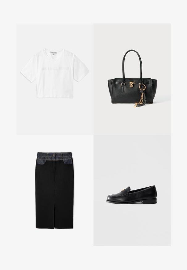 Camiseta corta blanca de algodón, con mangas cortas y el logotipo "MICHAEL KORS" bordado en texto a juego en el pecho.; Falda de mezclilla negra con una cinturilla de mezclilla azul oscuro, detalles de costura dorada y una abertura en el frente. Cuenta con bolsillos frontales para mayor comodidad.; Mocasín de cuero negro con tacón bajo y emblema decorativo dorado en la correa, exhibido sobre un fondo gris claro liso.; Bolso de cuero negro con doble asa, cierre dorado y detalles en cadena, y accesorio de borlas en blanco y negro, sobre fondo blanco.