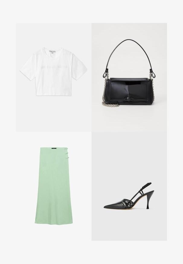 Hvid kortærmet T-shirt lavet af bomuld, med korte ærmer og "MICHAEL KORS" logo i matchende broderet tekst over fronten.; Lys grøn maxi nederdel lavet af et glat stof. Har en lige skæring og tre dekorative knapper på venstre side.; Sort læder højhælede slingback-sko med spids tå, crisscross-remdesign og slank stiletto-hæl. Glat tekstur og minimale accenter.; Sort patenteret læder håndtaske med rektangulær form, kædestrop, og et særpræget hardwaredetalje i midten. Glat tekstur.