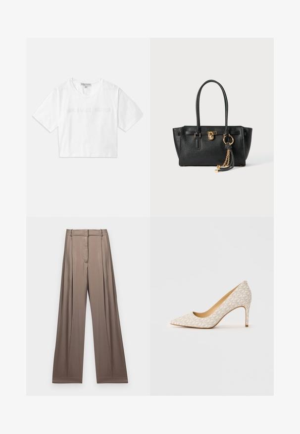 White cropped T-shirt made of cotton, featuring short sleeves and "MICHAEL KORS" logo in matching embroidered text across the front.; Wide-leg trousers in a muted taupe color, made of smooth fabric with a satin finish. Features a tailored waistband and subtle pleats.; Beige high-heeled pump with pointed toe, slim stiletto heel, and subtle geometric pattern on fabric upper.; Black leather handbag with double handles, gold lock and chain detail, and black-and-white tassel accessory against white background.; Gold hoop earrings with a polished finish, featuring a thick, circular design and a secure closure mechanism. Smooth texture and shiny appearance.