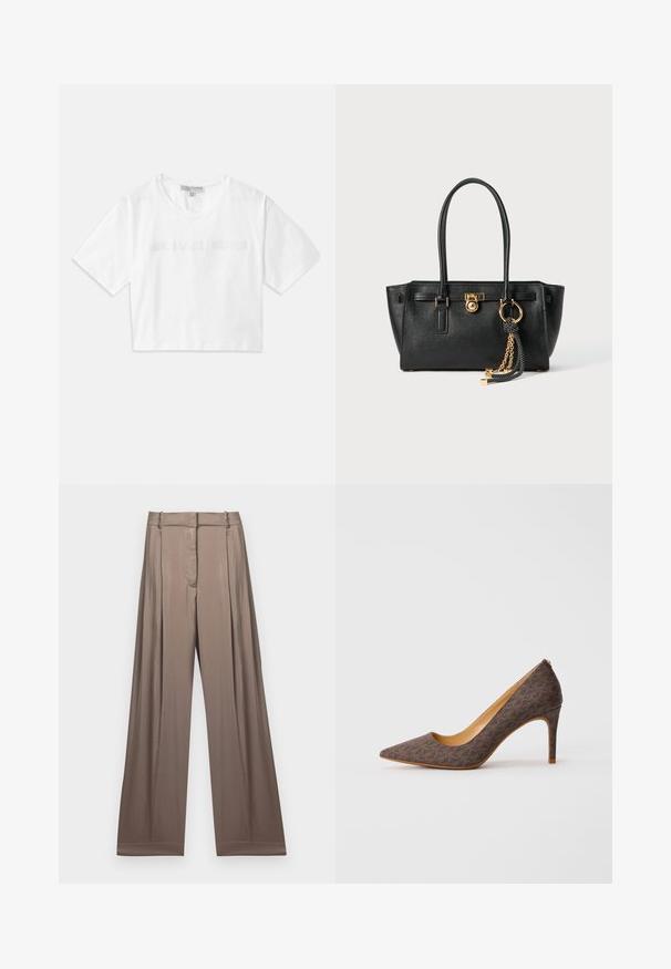 T-shirt blanc court en coton, avec des manches courtes et le logo "MICHAEL KORS" brodé ton sur ton à l'avant.; Pantalons à jambes larges de couleur taupe apaisée, fabriqués en tissu lisse avec une finition satinée. Dotés d'une taille cintrée et de plis subtils.; Escarpin à talon haut marron à motif, avec un bout pointu et un talon aiguille fin, sur fond blanc.; Sac à main en cuir noir avec double anses, serrure dorée et détails en chaîne, et accessoire à pompon noir et blanc sur fond blanc.