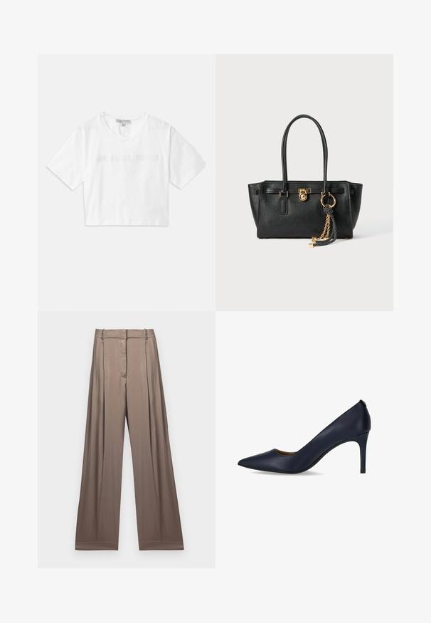 Camiseta corta blanca de algodón, con mangas cortas y el logotipo "MICHAEL KORS" bordado en texto a juego en el pecho.; Pantalones de pierna ancha en un color topo suave, fabricados en un tejido liso con un acabado satinado. Presentan una cintura ajustada y pliegues sutiles.; Zapato de tacón alto azul marino hecho de cuero suave, con punta afilada y un tacón esbelto. Diseño simple sin adornos adicionales.; Bolso de cuero negro con doble asa, cierre dorado y detalles en cadena, y accesorio de borlas en blanco y negro, sobre fondo blanco.