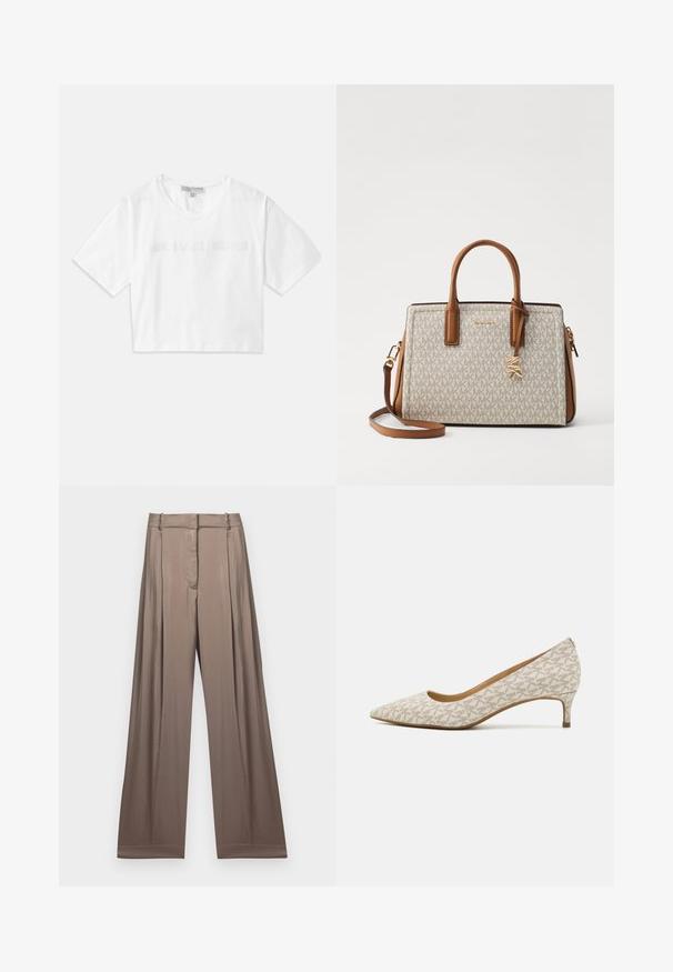 Weißes, kurzes T-Shirt aus Baumwolle mit kurzen Ärmeln und dem aufgestickten "MICHAEL KORS"-Logo in passendem Schriftzug auf der Vorderseite.; Weite Hosen in einem gedeckten Taupe-Ton, aus glattem Stoff mit satinartiger Oberfläche. Mit einem taillierten Bund und dezenten Falten.; Spitz zulaufender Pumps aus beigem Stoff mit geometrischem Muster, ausgestattet mit einem niedrigen Absatz und einer eleganten Silhouette. Glatte Textur und minimale Akzente.; Beige Handtasche mit braunen Lederakzenten, versehen mit einem Logo-Muster, oberen Tragegriffen, einem abnehmbaren Schulterriemen und goldfarbenen Beschlägen.; Goldene Creolen mit polierter Oberfläche, die ein dickes, rundes Design aufweisen und über einen sicheren Verschlussmechanismus verfügen. Glatte Textur und glänzendes Aussehen.