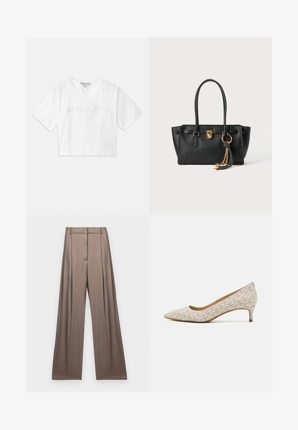White cropped T-shirt made of cotton, featuring short sleeves and "MICHAEL KORS" logo in matching embroidered text across the front.; Wide-leg trousers in a muted taupe color, made of smooth fabric with a satin finish. Features a tailored waistband and subtle pleats.; Pointed-toe pump in beige fabric with a geometric pattern, featuring a low heel and a sleek silhouette. Smooth texture and minimal accents.; Black leather handbag with double handles, gold lock and chain detail, and black-and-white tassel accessory against white background.
