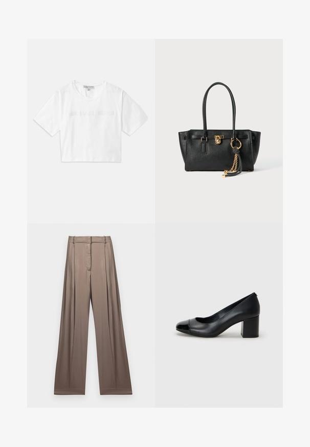 T-shirt bianco cropped in cotone, con maniche corte e logo "MICHAEL KORS" ricamato in testo abbinato sul davanti.; Pantaloni a gamba larga in un colore taupe smorzato, realizzati in tessuto liscio con una finitura satinata. Presentano una cintura su misura e delle pieghe sottili.; Décolleté in pelle nera con punta lucida nera e tacco chunky. Textura liscia e design arrotondato con un'apertura discreta sul davanti.; Borsa a mano in pelle nera con doppi manici, lucchetto dorato e dettaglio a catena, accessorio con nappina in bianco e nero su sfondo bianco.