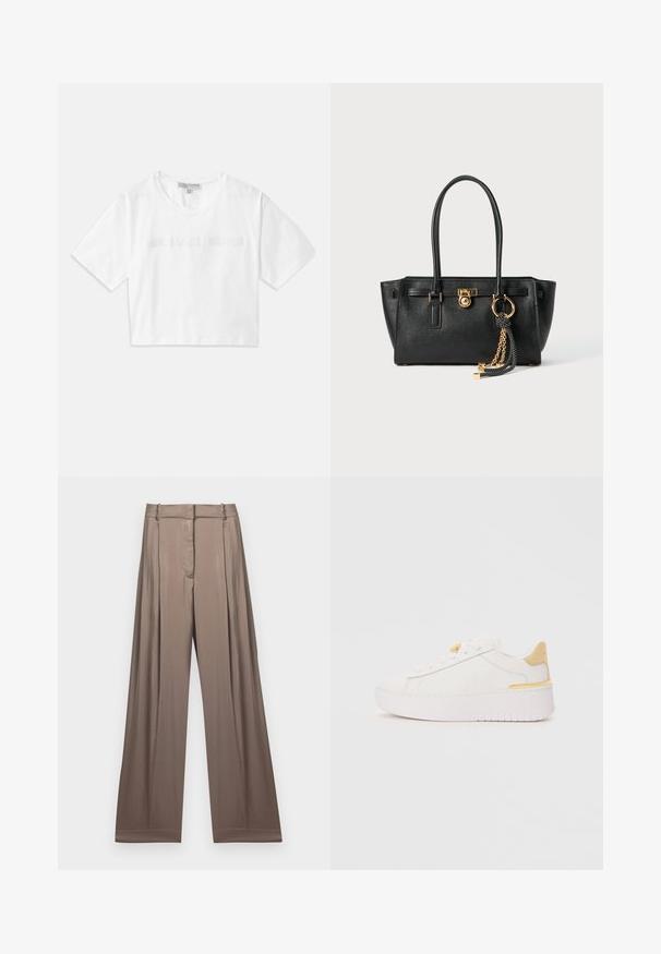 Hvid kortærmet T-shirt lavet af bomuld, med korte ærmer og "MICHAEL KORS" logo i matchende broderet tekst over fronten.; Bredde ben bukser i en afdæmpet taupe farve, lavet af glat stof med satinfinish. Har en skræddersyet talje og subtile plisseringer.; Hvide sneakers med en glat læderoverdel, kontrastfarvet gul hælkappe, tykk hvid platformssål og minimalistisk snøredesign.; Sort læder skuldertaske med dobbelte håndtag, guld lås og kædedetalje samt sort-hvid kvast tilbehør mod hvid baggrund.