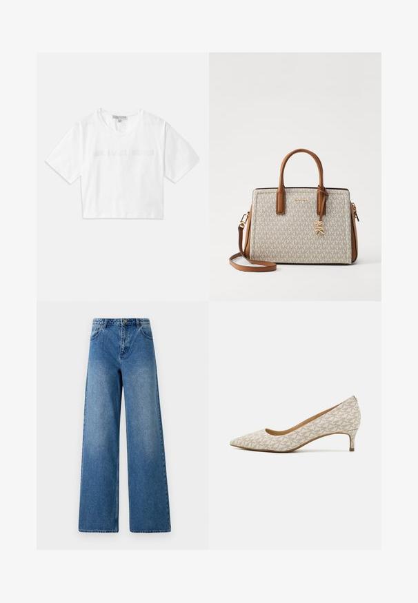Fehér, rövidujjú, vágott pamut póló, amelyen a "MICHAEL KORS" logó hímzett, megfelelő színben a mellkason.; Széles szárú farmernadrág kék denimból. Magas derekú, öt zsebbel és elülső gombos záródással rendelkezik. Sima textúrájú, enyhe kopásnyomokkal.; Beige színű, hegyes orrú magassarkú cipő geometrikus mintázattal, alacsony sarkú és elegáns vonalvezetéssel. Sima textúrájú és minimális díszítéssel rendelkezik.; Beige színű táska barna bőrkiegészítőkkel, logómintával, tetején régi füllel, levehető vállpánttal és aranyszínű szerelvényekkel.