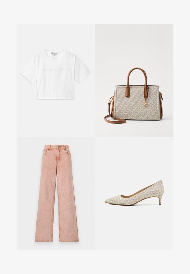 Balta īsā T-kreklā, kas izgatavots no kokvilnas, ar īsām piedurknēm un "MICHAEL KORS" logotipu, kas izšūts atbilstošā tekstā priekšā.; Gaiši rozā plaša kāju džinsi izfaded denim auduma. Iespējas piecas kabatas un kontrastējošs pāršuvums. Klasisks pogu un rāvējslēdzēja aizdare.; Taisni purngalīšs apavi bežā audumā ar ģeometrisku rakstu, nodrošinot zemu papēdi un elegantu siluetu. Gluda tekstūra un minimāli akcenti.; Beige rokassoma ar brūniem ādas akcentiem, dekorēta ar logotipa rakstu, ar augšējiem rokturiem, noņemamu plecu siksnu un zeltainām detaļām.; Zelta auskari ar pulētu virsmu, ar biezu, apaļu dizainu un drošu aizvēršanas mehānismu. Gluda tekstūra un spīdīga izskats.
