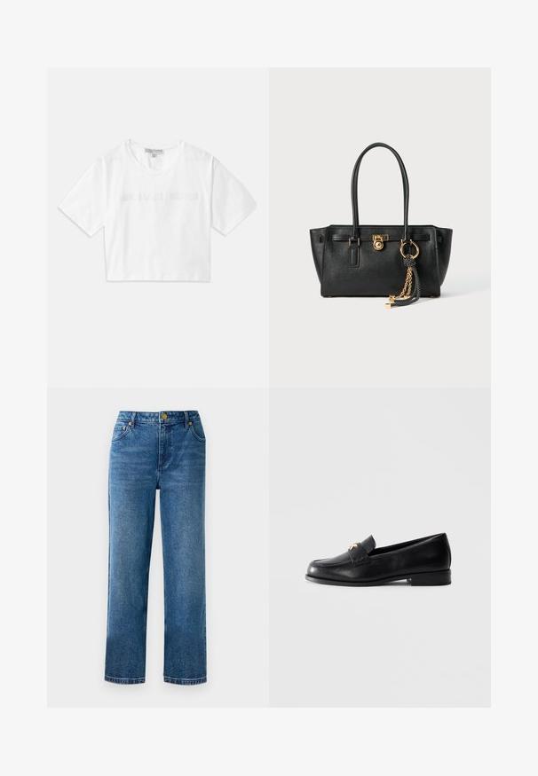 Biele skrátené tričko vyrobené z bavlny, s krátkymi rukávmi a vyšitým nápisom "MICHAEL KORS" v zodpovedajúcom dizajne na prednej strane.; Modré džíny s vysokým pásom a rovnom strihom, vyrobené z denimovej látky, s piatimi vreckami a zlatými kovovými detailami.; Čierne kožené mokasíny s nízkym podpätkom a zlatým dekoračným emblemom na remienku, vystavené na jednofarebnom svetlošedom pozadí.; Čierna kožená kabelka s dvojitými uchami, zlatým zámkom a reťazovým detailom, a čierno-bielym strapcom na bielom pozadí.