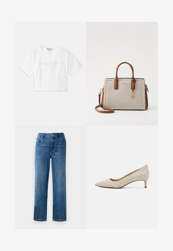 Valge lühikeste varrukatega puuvillane lühike T-särk, mille esiosas on ühtlaselt brodeeritud "MICHAEL KORS" logo.; Sinine kõrge vöökohaga teksapüksid sirge lõikega, valmistatud denimist, viie taskuga ja kuldsetes toonides detailidega.; Koonuseline varbaga pump beezist kangast koos geomeetrilise mustriga, millel on madal konts ja sujuv siluett. Silumine tekstuur ja minimaalsed aktsendid.; Beež käekott pruuni nahka aktsentidega, millel on logo muster, ülemised käepidemed, eemaldatav õlavarre rihm ja kuldne riistvara.; Kullatud rõngaste kõrvarõngad, millel on poleeritud viimistlus, pakuvad paksu ringikujulist disaini ja kindlat sulgemismehhanismi. Sile tekstuur ja läikiv välimus.