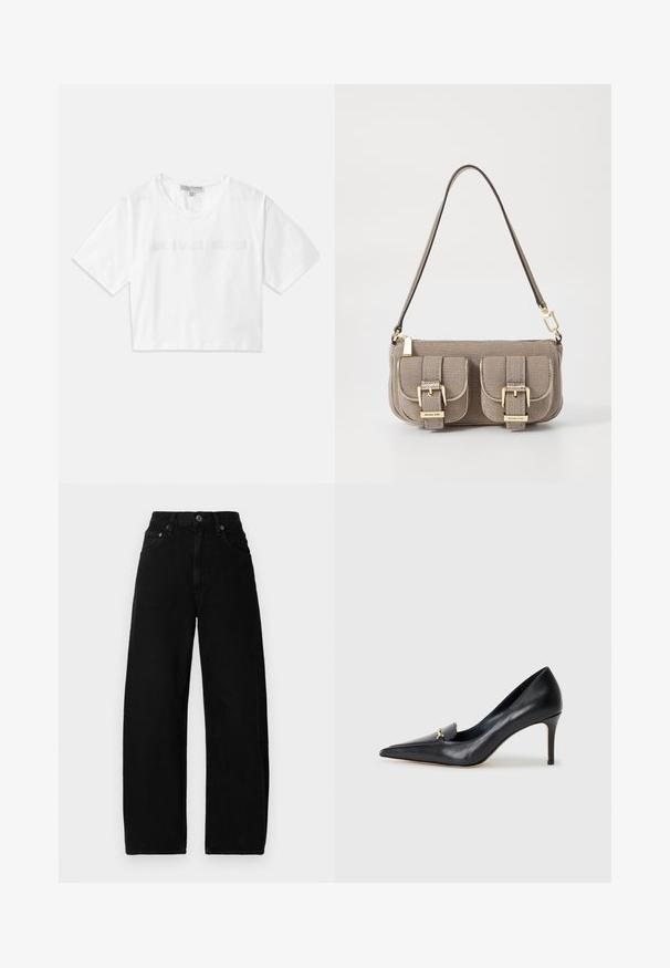 Witte cropped T-shirt van katoen, met korte mouwen en het "MICHAEL KORS" logo in bijpassende geborduurde tekst over de voorkant.; Zwarte denim broek met wijde pijpen en hoge taille, met een sluiting aan de voorkant met knoop, zakken en een gladde, matte textuur.; Zwarte leren pump met een spitse neus, lage vamp en een decoratieve gouden accent. Voorzien van een stilettohak en een gladde textuur.; Beige handtas met textuur, verstelbare schouderriem, twee voorvakken beveiligd met gespen en accenten van gouden hardware. Ritssluiting aan de bovenkant.
