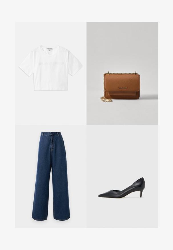 T-shirt branca cropped feita de algodão, com mangas curtas e o logótipo "MICHAEL KORS" em texto bordado correspondente na parte da frente.; Jeans de perna larga de cintura alta em denim azul escuro, com fecho frontal por botão e zíper, passantes para cinto e bolsos laterais.; Sapato de salto alto preto em pele com bico fino e salto baixo. Apresenta uma textura suave e brilho subtil. Corte aberto na parte da frente para um detalhe adicional.; Bolsa crossbody de couro texturizado castanho com alça de corrente dourada e fecho com aba. A parte da frente apresenta detalhe do logótipo e um bolso sob a aba.