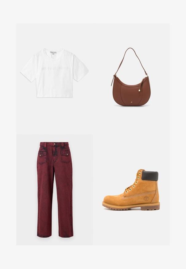 White cropped T-shirt made of cotton, featuring short sleeves and "MICHAEL KORS" logo in matching embroidered text across the front.; Red denim pants with a faded texture, straight leg design, front pockets, and a fitted waistband. Features black stitching accents.; Brown leather ankle boot with black padding, gold eyelets, and a textured sole. Features a circular logo on the side and stitching accents.; Brown faux leather shoulder bag with curved shape, minimal stitching, and a gold-tone hardware accent. Features a top zipper closure and adjustable strap.