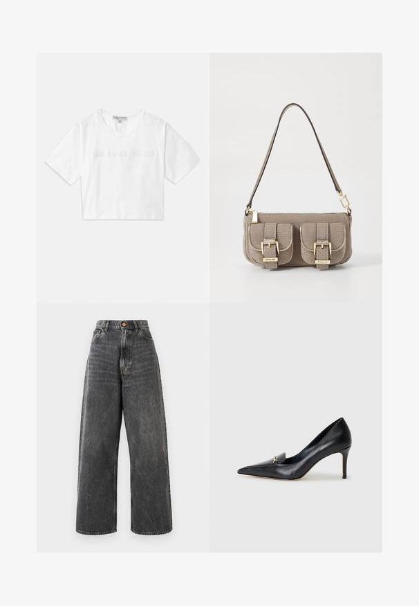 T-shirt branca cropped feita de algodão, com mangas curtas e o logótipo "MICHAEL KORS" em texto bordado correspondente na parte da frente.; Jeans de perna larga e cintura alta em denim preto desbotado, com bolsos frontais, passantes para cinto e fecho em botão de cobre.; Sapatilha de couro preto com bico fino, vamp baixo e um detalhe decorativo em ouro. Apresenta um salto agulha e uma textura suave.; Bolsa de mão texturizada bege com alça ajustável, dois bolsos frontais fechados por fivelas e detalhes em metal dourado. Fecho em zíper na parte superior.