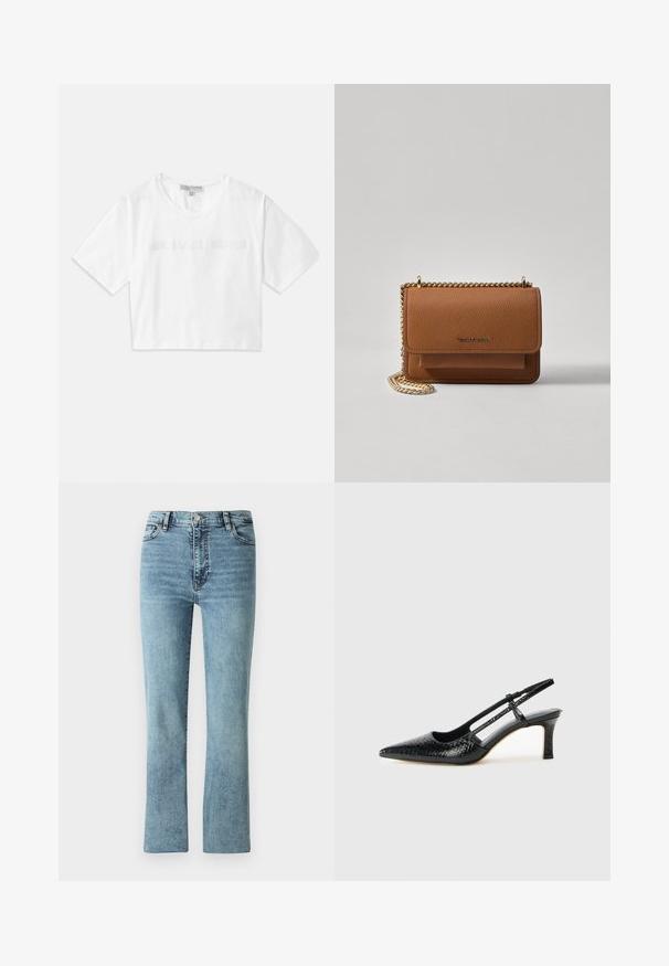 Valkoinen lyhytcropattu T-paita, joka on valmistettu puuvillasta. Sen hihoissa on lyhyet hihat ja edessä on "MICHAEL KORS" -logo samanvärisesti brodeeratuna.; Vaaleansiniset farkut, joissa on suora lahje, korkea vyötärö ja hienovaraiset kulutukset. Ominaisuuksiin kuuluu klassinen viisi taskua -tyyli ja metalliset yksityiskohdat.; Musta patent slingback-kiilakorko teräväkärkisellä muotoilulla, jossa on teksturoitu käärmeennahkakuosi, säädettävä remmi ja lyhyt, teksturoitu blokkiheel.; Ruskean teksturoidun nahkasta valmistettu crossbody-laukku, jossa on kultaketjuhihna ja läppäkiinnitys. Edessä on logodetail ja tasku läppäisen alla.
