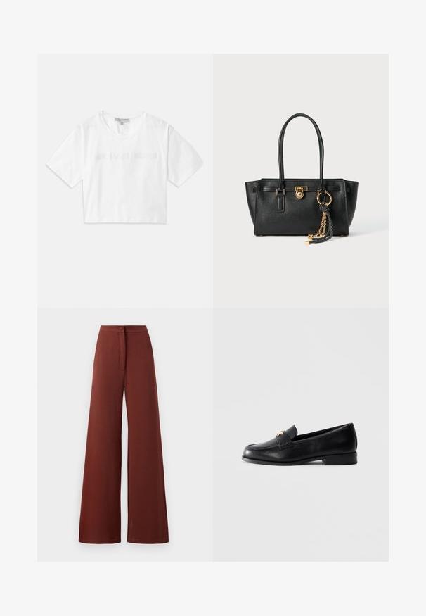 White cropped T-shirt made of cotton, featuring short sleeves and "MICHAEL KORS" logo in matching embroidered text across the front.; Wide-leg trousers in dark red fabric, featuring a button closure and a front tie detail. Smooth texture with a flowing silhouette.; Black leather loafer with low heel and gold decorative emblem on the strap, displayed on a plain light gray background.; Black leather handbag with double handles, gold lock and chain detail, and black-and-white tassel accessory against white background.