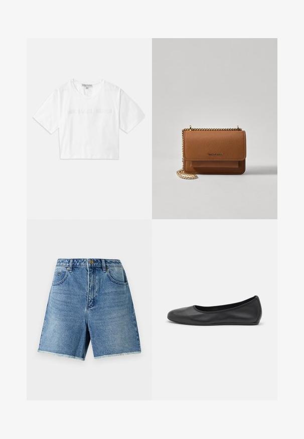 Vit kortärmad t-shirt i bomull med korta ärmar och "MICHAEL KORS"-logotyp i matchande broderad text över framsidan.; Ljusblå denimshorts med hög midja, knäppning, framfickor och fransad nederkant för en avslappnad passform.; Svart läderballerinaskor med rund tå, slät yta, minimala söm detaljer och en flexibel sula.; Brun texturerad läder crossbody-väska med guldkedja och klaffstängning. Framsidan har logotypdetalj och en ficka under klaffen.