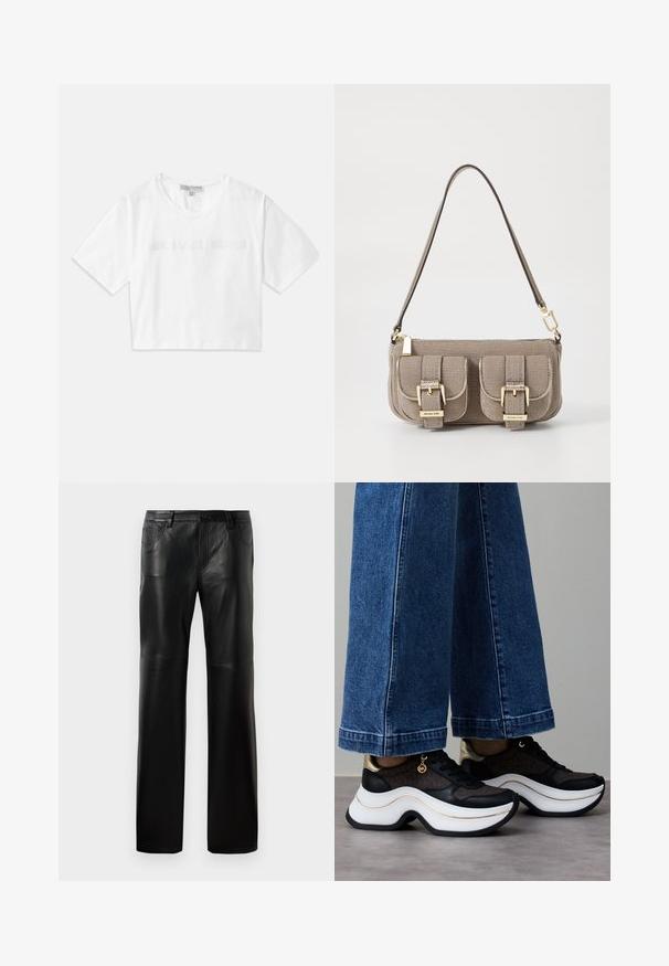 Biele skrátené tričko vyrobené z bavlny, s krátkymi rukávmi a vyšitým nápisom "MICHAEL KORS" v zodpovedajúcom dizajne na prednej strane.; Čierne kožené nohavice so strehaťom, s gombíkovým pásom, piatimi vreckami a viditeľným prešívaním pozdĺž švov.; Čierne a zlaté tenisky s krivou bielou podrážkou. Textúrovaná látka s logotypovými akcentmi. Kombinované so širokými modrými rifľovými nohavicami.; Bežová taška s textúrou a nastaviteľným popruhom, dve predné vrecká zabezpečené prackami a zlaté kovové prvky. Zips na vrchu.