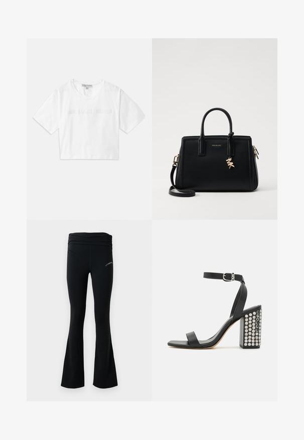 Weißes, kurzes T-Shirt aus Baumwolle mit kurzen Ärmeln und dem aufgestickten "MICHAEL KORS"-Logo in passendem Schriftzug auf der Vorderseite.; Schwarze, ausgestellte Yogahosen mit einem gerafften Bund und kleinem weißen Logo an der Oberseite des Oberschenkels, vor einem schlichten weißen Hintergrund präsentiert.; Schwarze Ledersandalen mit Absatz und Knöchelriemen. Mit einer quadratischen Schuhspitze, glatter Textur und einem quadratischen Blockabsatz, der mit silbernen Nieten verziert ist.; Schwarze Ledertasche mit strukturiertem Design, doppelten oberen Griffen, abnehmbarem Schulterriemen, goldfarbenen Beschlägen und einem Logo-Anhänger.