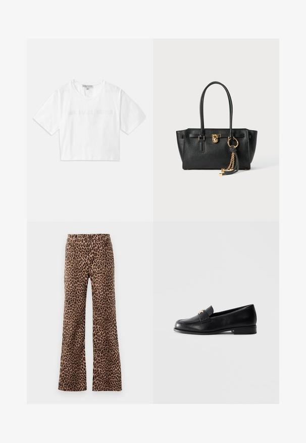 T-shirt blanc court en coton, avec des manches courtes et le logo "MICHAEL KORS" brodé ton sur ton à l'avant.; Pantalons larges à imprimé léopard beige et noir, avec une texture lisse et un ourlet ajusté. Conception avec une taille standard et des poches.; Mocassin en cuir noir avec un petit talon et un emblème décoratif en or sur la sangle, présenté sur un fond gris clair uni.; Sac à main en cuir noir avec double anses, serrure dorée et détails en chaîne, et accessoire à pompon noir et blanc sur fond blanc.