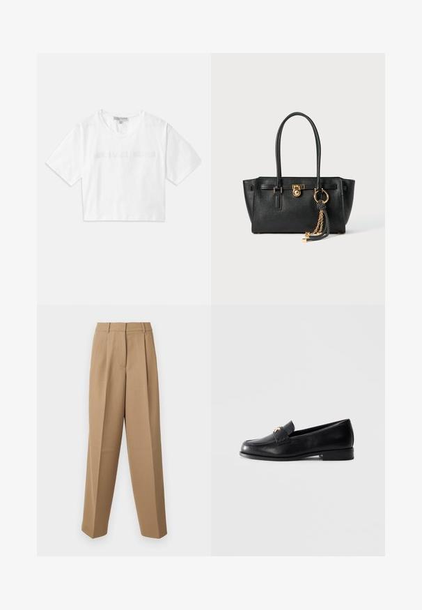 Camiseta corta blanca de algodón, con mangas cortas y el logotipo "MICHAEL KORS" bordado en texto a juego en el pecho.; Pantalones de sastre beige con cintura alta, frente plisado y corte de pierna ancha. La tela parece suave con un ligero brillo.; Mocasín de cuero negro con tacón bajo y emblema decorativo dorado en la correa, exhibido sobre un fondo gris claro liso.; Bolso de cuero negro con doble asa, cierre dorado y detalles en cadena, y accesorio de borlas en blanco y negro, sobre fondo blanco.