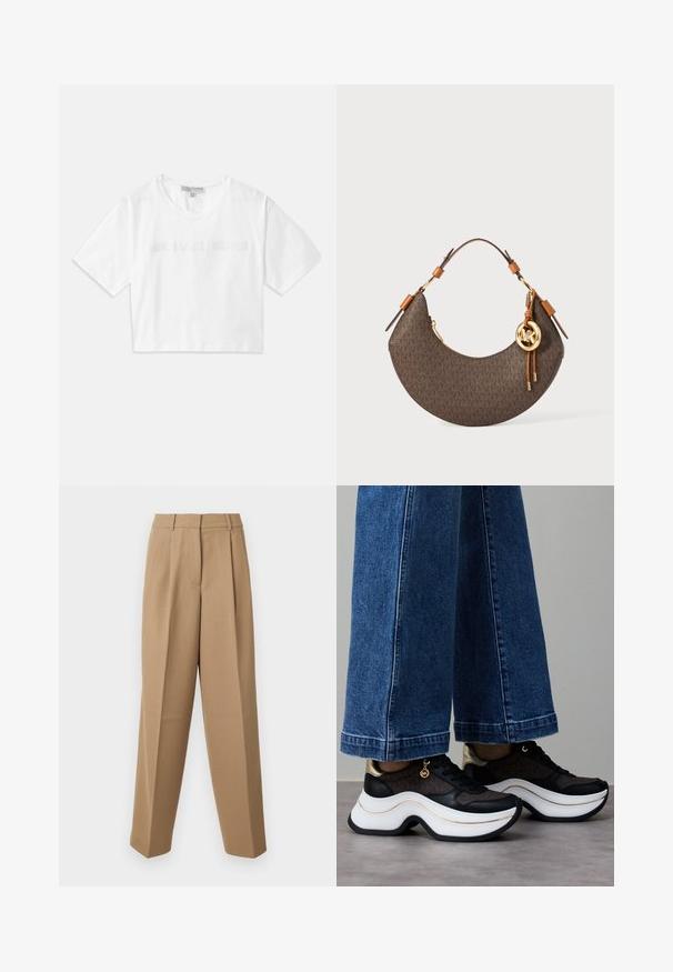 T-shirt branca cropped feita de algodão, com mangas curtas e o logótipo "MICHAEL KORS" em texto bordado correspondente na parte da frente.; Calças bejes ajustadas com uma cintura alta, frente plissada e corte largo. O tecido parece suave com um ligeiro brilho.; Ténis pretos e dourados com sola branca curva. Tecido texturizado com detalhes do logótipo. Combinados com calças largas de ganga azul.; Bolsa em forma de crescente castanha com alça de pele bege, detalhes em ouro e um pingente circular com o logótipo MK pendurado ao lado.