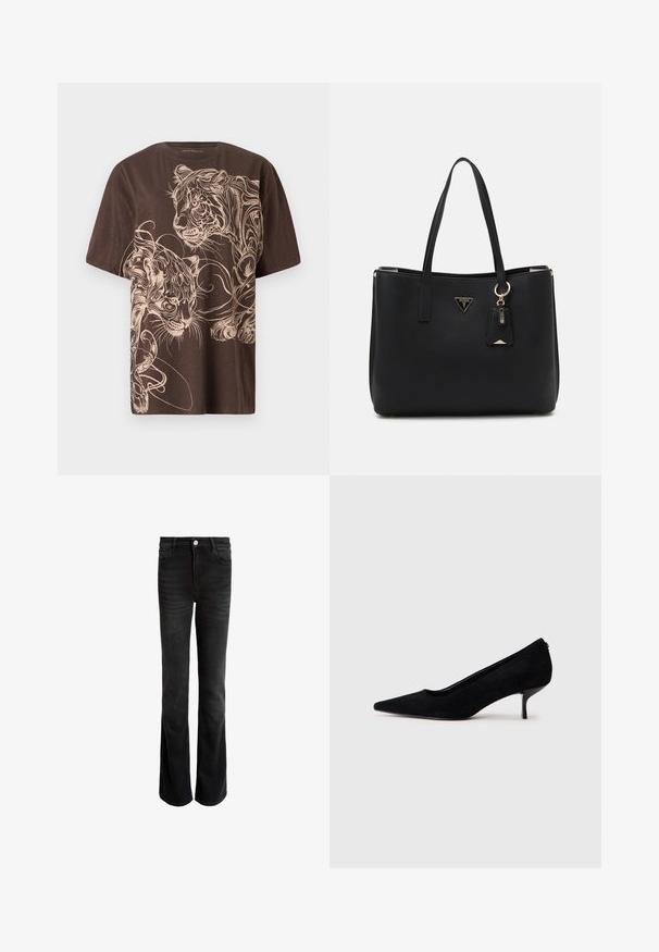 Brun t-skjorte med et detaljert kremfarget tigermotiv. Kortermet, rund hals og myk, strukturert stoff.; Sorte slengbukser laget av denim, med høy midje, fem lommer og lukking med sølvknapp. Glatt tekstur med subtil bleking.; Sorte semskede høyhælte sko med spiss tå og slank, lav hæl. Glatt tekstur med et elegant design, uten synlig maskinvare.; Svart totebag laget av teksturert syntetisk materiale, med to håndtak, et gullfarget logo-plakett og et lite tag med en aksentdetalj.