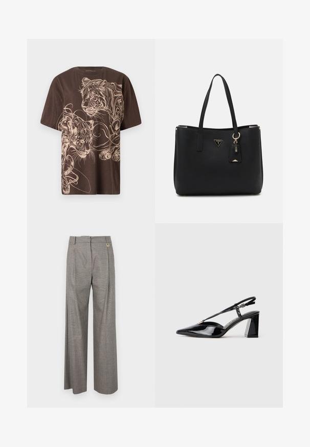Braunes T-Shirt mit einem detaillierten, cremefarbenen Tiger-Print. Kurzärmlig, runder Hals und weicher, strukturierter Stoff.; Graue karierte weit geschnittene Hose mit hoher Taille, Vorderfalten und einem goldfarbenen Hardware-Akzent am Bund. Texturierte Stoff.; Schwarze lackleder Slingback-High-Heels mit spitz zulaufender Zehenpartie, verstellbarem Riemen und klobigem rechteckigem Absatz.; Schwarze Tragetasche aus strukturiertem synthetischem Material, mit zwei Griffen, einem goldenen Logo-Schild und einem kleinen Anhänger mit Akzentdetail.