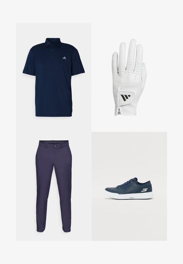 Tengerészkék színű, könnyű anyagból készült galléros póló, három gombbal és egy kis szürke logóval a bal mellrészen. Rövid ujjú.; Tengerészkék, slim-fit nadrág gombos és cipzáras záródással, övhurkokkal és beszűkülő lábakkal, fehér háttér előtt.; Sötétkék sportcipő sima szintetikus felsőrésszel, párnázott bokarészel és fehér talppal. Az oldalon logó található, és lapos fűzői biztos illeszkedést biztosítanak.; Fehér bőr golfkesztyű, perforált ujjak, textúrált varrás és fekete logó az csuklón. Karcsú illeszkedés a jobb fogásért.