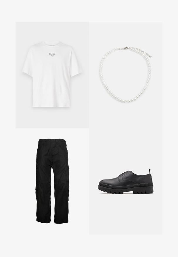 Weißes Baumwoll-T-Shirt mit Rundhalsausschnitt, kurzen Ärmeln und einem aufgedruckten Logo mit der Aufschrift "ESS.WRD." auf der Brust, minimales Design.; Schwarze Cargo-Hosen aus Baumwolle, ausgestattet mit mehreren Seitentaschen, einem elastischen Bund und einer lockeren Passform. Glatte Textur mit Nahtdetails.; Schwarzer Lederschuh mit abgerundetem Fuß, Schnürdesign und massiver Gummisohle. Verfügt über eine Zuglasche an der Ferse und strukturierte Akzente.; Weiße Perlenkette mit einheitlich runder Form, glatter Oberfläche und Metallverschluss mit Verlängerungskette für anpassbare Länge.