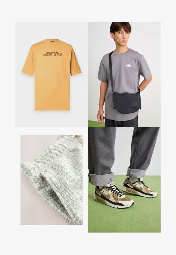 Kortärmad t-shirt i ljus orange bomull med texten "BUFFALO.NY NEW ERA" i svart och rött över bröstet. Klassisk rund halsdesign.; Texturerad tyg med ett vävt mönster i ljusgrön och vit nyanser. Har en mjuk, lätt känsla och subtilt mönster.; Nike Air Max 90 sneakers i beige och svart, med mesh- och lädermaterial, synlig dämpning och svarta snören.; Svart nylon axelväska med justerbar rem, med dragsko-stängning och präglad logodetalj. Bärs över en grå t-shirt.