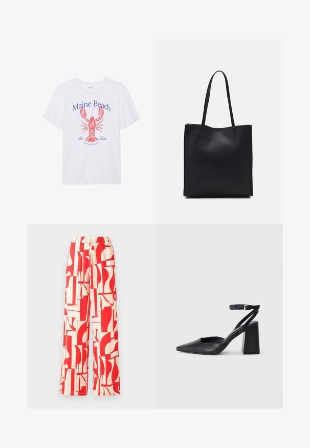 Vit t-shirt i bomull med en grafisk bild av en röd hummer och blå text som säger "Maine Beach Bästa Hummer i Massachusetts." Korta ärmar.; Röda mönstrade vida byxor med elastisk midja, tillverkade av lättviktig tyg med abstrakta former i röd och kräm.; Svart läderpumps med spetsig tå, ankelrem och kraftig klack. Slät textur, stilren design och minimalistisk estetik.; Svart lädertoffelväska med slät textur, rektangulär form och två långa handtag. Ingen synlig hårdvara eller dekorationer.