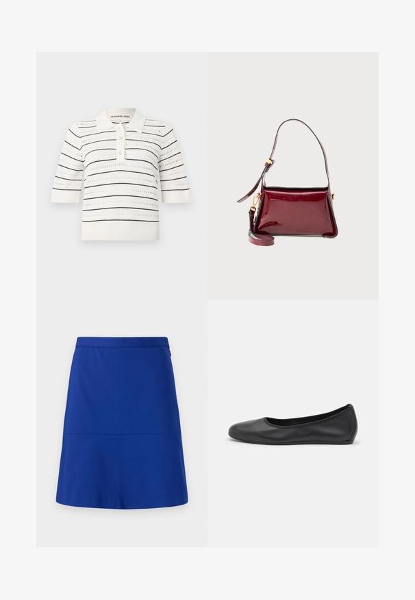 Kortärmad polotröja i krämfärgat med svarta ränder. Har en knappslå, stickad struktur och ett ventilationsdesign med öppet arbete.; En blå kjol i ett slätt tyg, med en väldefinierad midja och en enkel, utsvängd design utan utsmyckningar eller mönster.; Svart läderballerinaskor med rund tå, slät yta, minimala söm detaljer och en flexibel sula.; Bordeaux lackläderväska med en strukturerad design, ett övre blixtlåsstängning och en avtagbar axelrem. Guldhardware-accenter.