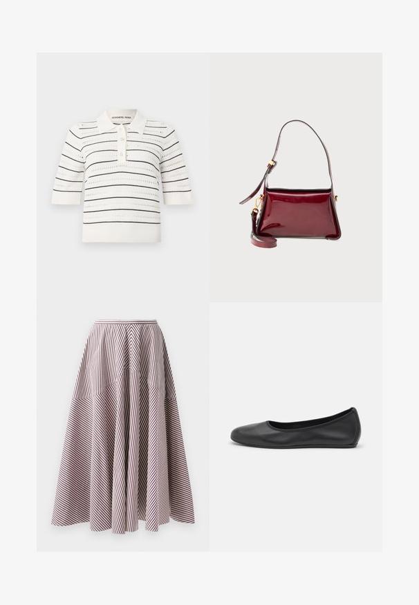 Polo à manches courtes crème avec des rayures noires. Présente une patte de boutonnage, une texture tricotée et un design ajouré pour la ventilation.; Jupe rayée avec des lignes verticales blanches et bordeaux, présentant un design évasé et une texture froncée à la taille, fabriquée en tissu léger.; Ballerines en cuir noir avec un bout rond, texture lisse, détails de couture minimalistes et design de semelle flexible.; Sac en cuir verni bordeaux avec un design structuré, une fermeture zippée sur le dessus et une bandoulière amovible. Accents en métal doré.