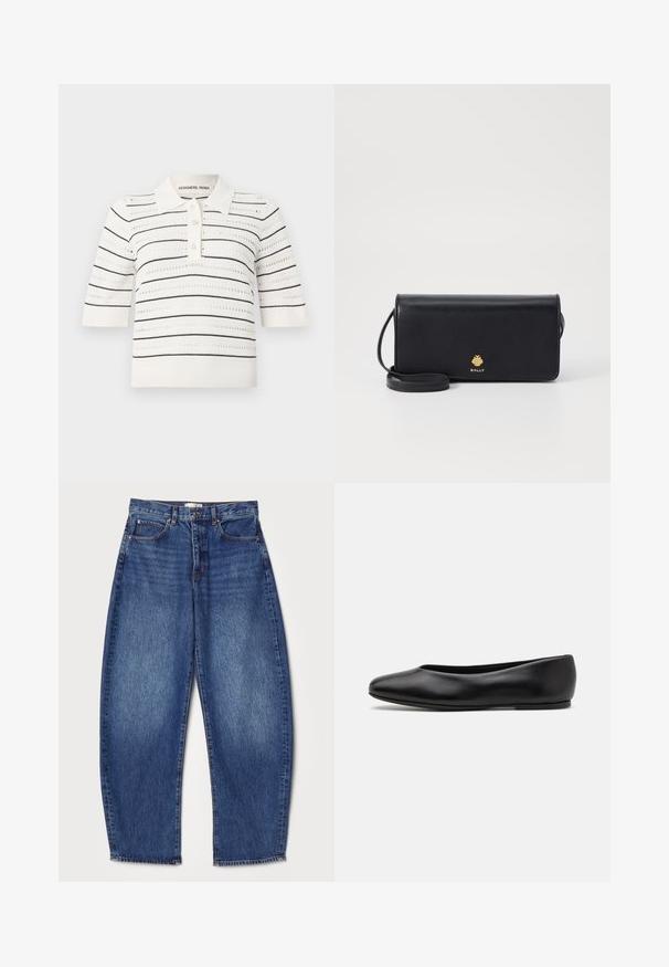 Korte mouwen polo in crème met zwarte strepen. Kenmerken zijn een knoopsluiting, gebreide textuur en een openwerk ontwerp voor ventilatie.; Denim jeans met een losse pasvorm, middelhoge taille, diepblauwe kleur, vervaagde textuur, vijf-pocket ontwerp en rechte pijpenopening.; Paul Smith TOPANGA - Ballerina's - black; Zwarte leren portemonnee met een slank rechthoekig formaat, voorzien van een gouden logo. Inclusief een afneembare schouderband voor draaggemak.