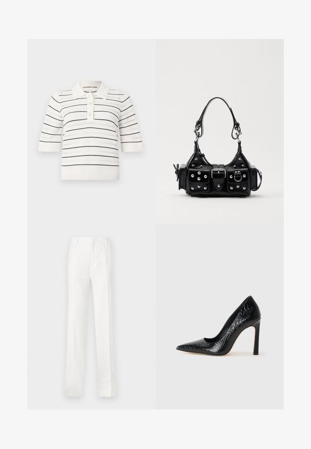 Short-sleeve polo top in cream with black stripes. Features a button placket, knitted texture, and openwork design for ventilation.; White, straight-leg trousers made from a lightweight fabric. Features a flat front, belt loops, and no visible patterns or decorations.; Black pointed-toe high heel shoe with a crocodile-skin texture, featuring a sleek design, high stiletto heel, and smooth black interior.; Black leather handbag with a curved design, featuring silver studs, a buckle, and two side pockets. Adjustable strap for carrying options.