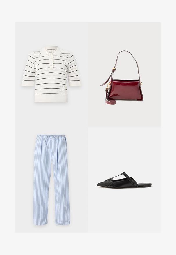 Polo tričko s krátkym rukávom v krémovej farbe s čiernymi pruhmi. Obsahuje gombíkovú légou, pletenú textúru a otvorený dizajn pre ventiláciu.; Svetlomodré a biele pruhované pyžamové nohavice s elastickým pásom, ktoré majú voľný strih a zrolované lemy. Vyrobené z mäkkého ľahkého materiálu.; Čierne kožené sandále so špičatou špičkou, ktoré majú tkaný detail a zborený dizajn vrchnej časti. Plochá podrážka s minimálnym hardvérom.; Bordová lakovaná taška so štruktúrovaným dizajnom, horným zipsom a odnímateľným ramenným popruhom. Zlaté hardvérové akcenty.